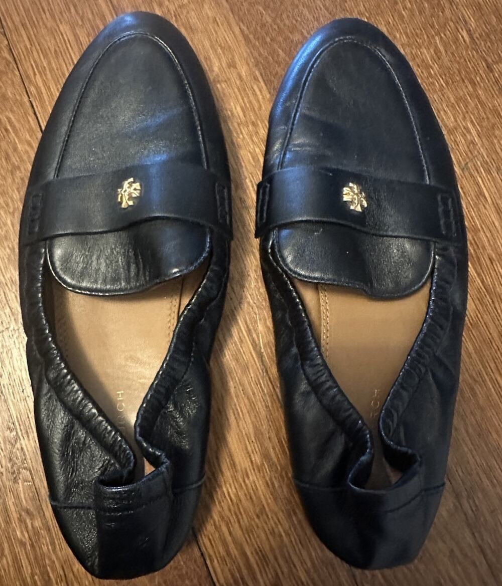 Tory Burch Leather Ballet Driver Loafers Black Gold Logo Elastic Flats 6M